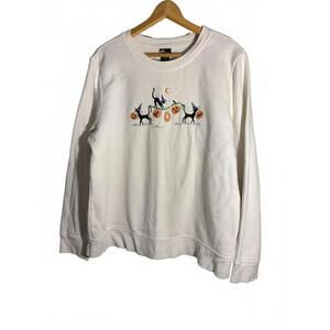 White Halloween-Themed Women's Sweatshirt with Black Cats and Pumpkins Large